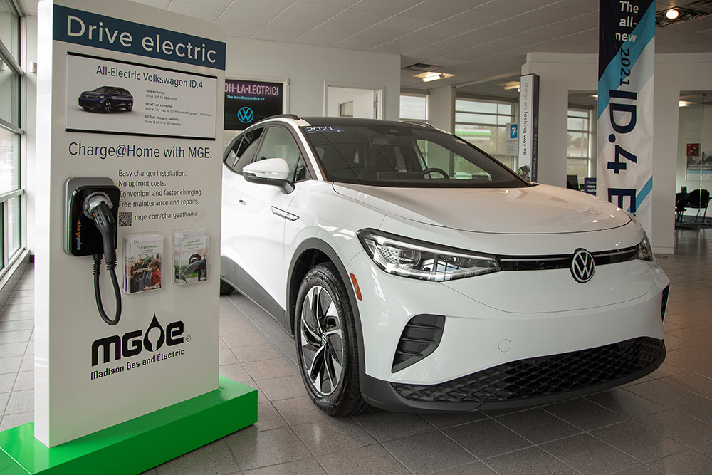 Electric vehicle informational display at a local Volkswagen dealership.