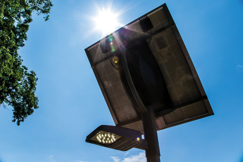 A photovoltaic panel captures the sun’s energy and stores it in a battery to power the overhead light at night. MGE will offer customers the option of installing solar outdoor overhead lighting.