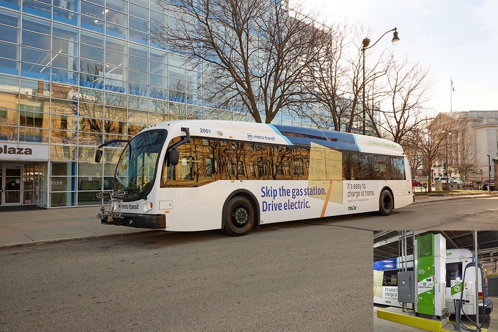 Metro Transit’s three new, all-electric buses feature branding from MGE, promoting our programs and resources—and the benefits of “driving electric.”