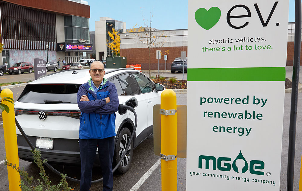 MGE Senior Community Services Manager Dave Benforado at MGE's Fast-Charging EV Hub in downtown Madison