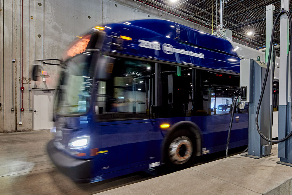Electric bus at a charging station in Madison Metro Transit’s new bus storage and maintenance facility