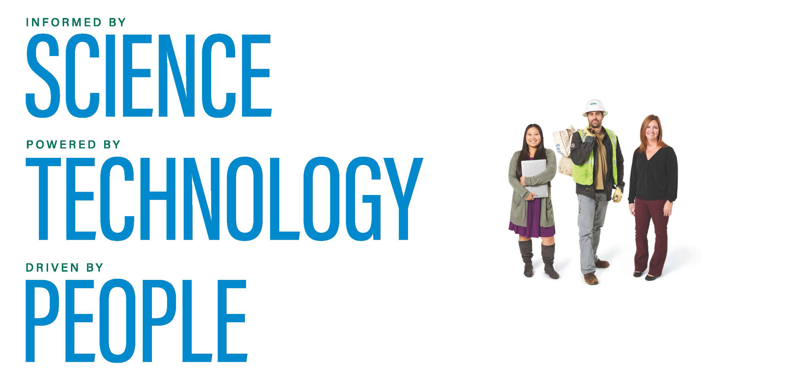 Science Technology People three mge employees standing on white background