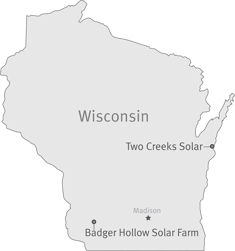 Map of Badger Hollow and Two Creeks solar farms