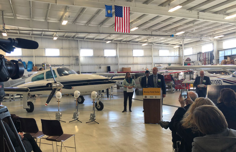 Chairman, President and CEO Jeff Keebler addresses attendees at Middleton Municipal Airport.