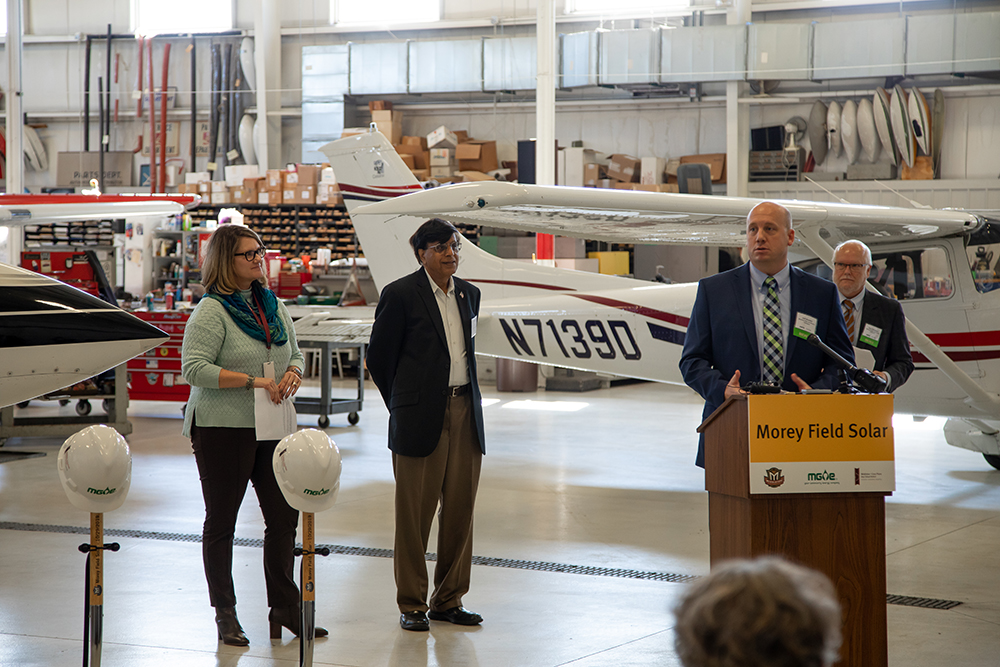 MGE Energy Chairman, President and CEO Jeff Keebler addresses the audience at the groundbreaking for Morey Field Solar in Middleton in October 2019.