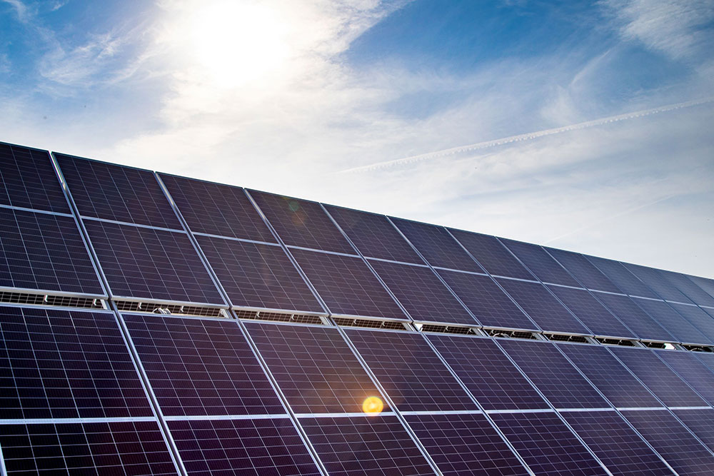 Mid shot of solar panels on a sunny day